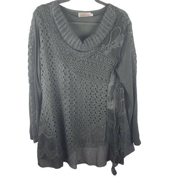 Simply Couture Lace Blouse Long Sleeve Cowl Neck Chiffon Layers Shirt - Picture 3 of 14